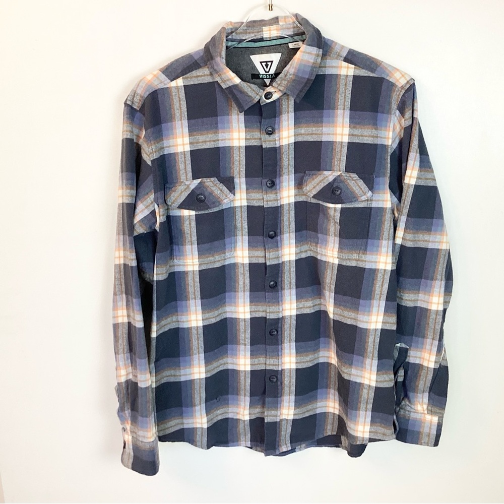 Vissla Long Sleeve Central Coast Plaid Button Up Flannel Shirt - Blue/Orange - L